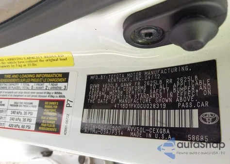 2012 Toyota Camry Hybrid Xle из США, поврежденный, VIN 4T1BD1FK0CU028319